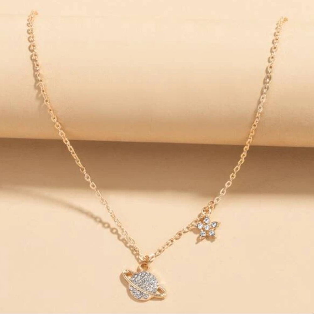 2/$10 NEW! Dainty Planet Charm Necklace Rhinestone Star Universe
